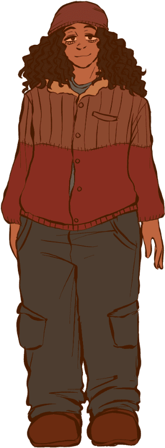 A drawing of a man with tan skin wearing a red beanie, red and brown button-up sweater, dark grey cargo pants, and brown clogs. His hair is styled in dark thickly-clumped curls that reach his shoulders. He has a tired, relaxed expression on his face.